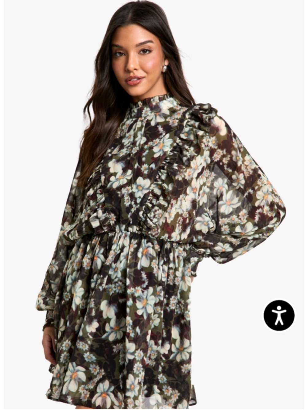 ZARA Floral Ruffle Mini Romper XS Brown White summer Bloggers Favorite Oversize - Picture 5 of 16
